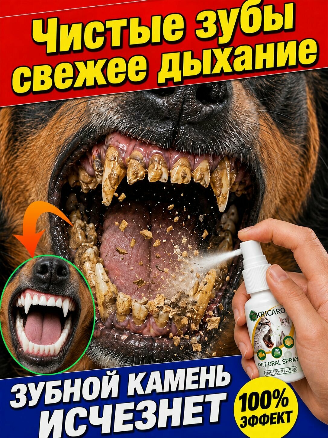 Спрей для полости рта для кошек и собак с натуральными растительными экстрактами. Освежает дыхание, удаляет бактерии зубного налёта, очищает зубы от налёта и не требует чистки зубов.