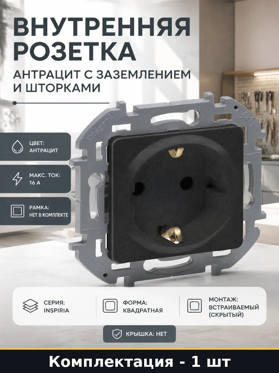 Внутренняя розетка антрацит с заземлением и шторками