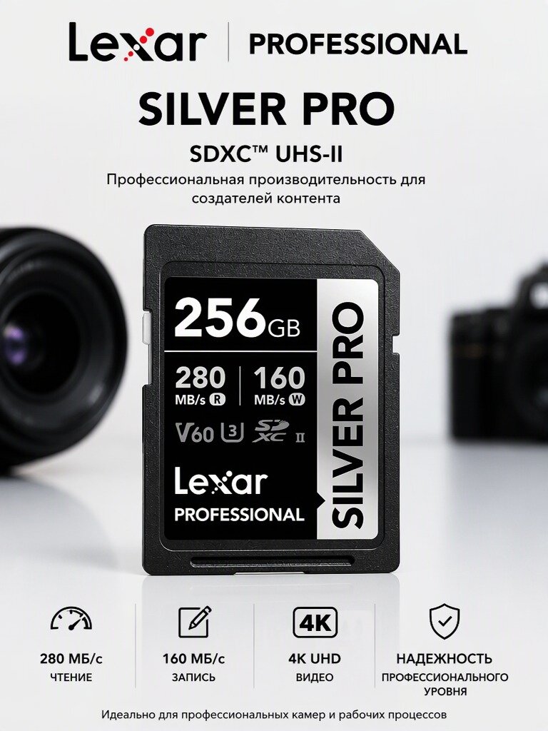 Карта памяти Lexar Professional SILVER PRO SDXC UHS-II 256GB V60, профессиональная карта для фото и видеосъёмки