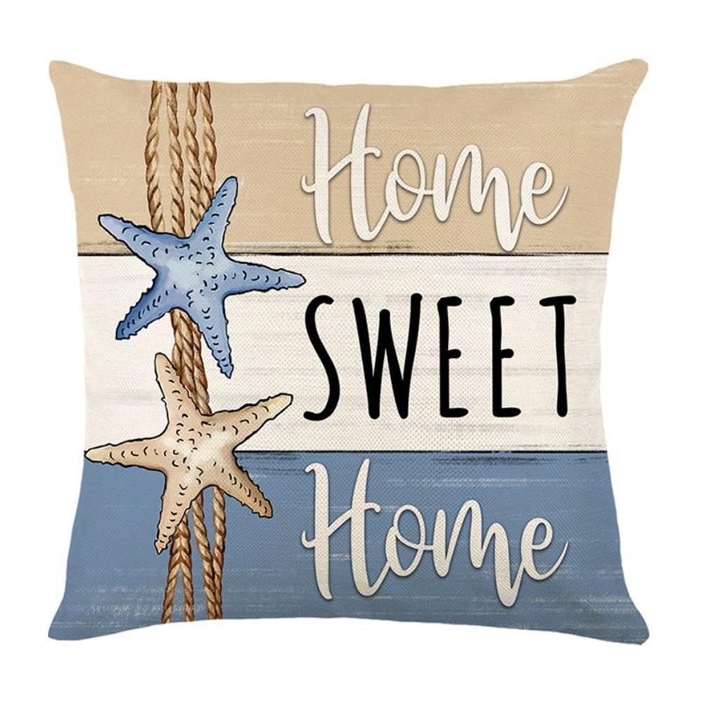Наволочка декоративная льняная, 45x45 см, полосатая с принтом "Home SWEET Home" и морскими звёздами, бежево-голубая.