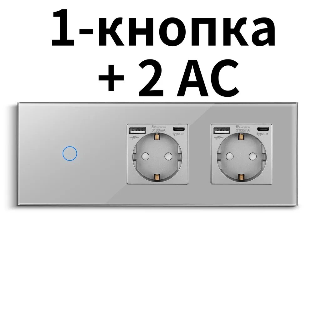 Сенсорный Выключатель однокнопочный с двумя розетками с USB и type-C 2.1A,1 клавиша 2 розетки, панель стекло серый,228mm