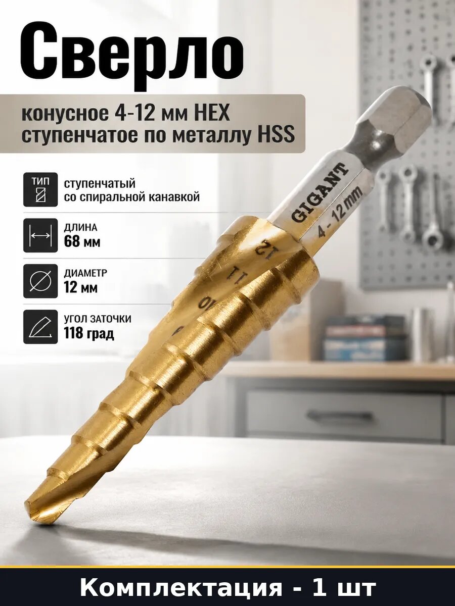 Сверло конусное 4-12 мм HEX ступенчатое по металлу HSS
