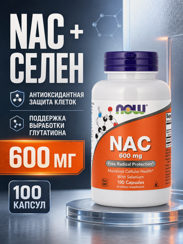Изображение товара NAC N-ацетил-L-цистеин и селен 600 мг 100 капсул NOW Foods NAC
