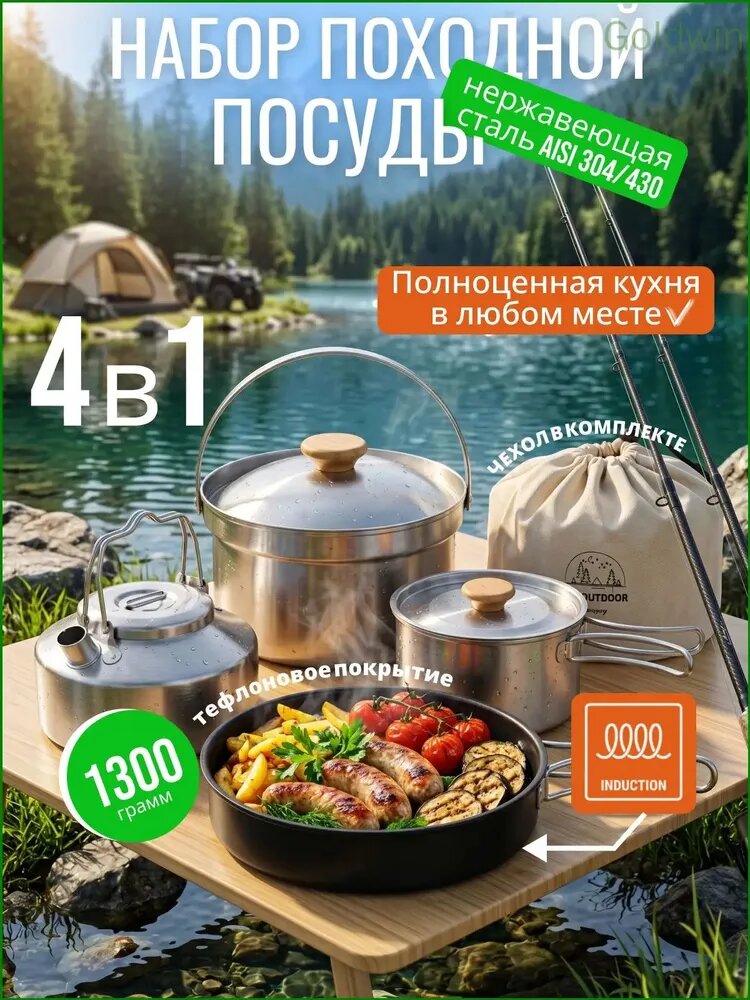 Набор посуды походной туристической для кемпинга пикника костра Goldwin