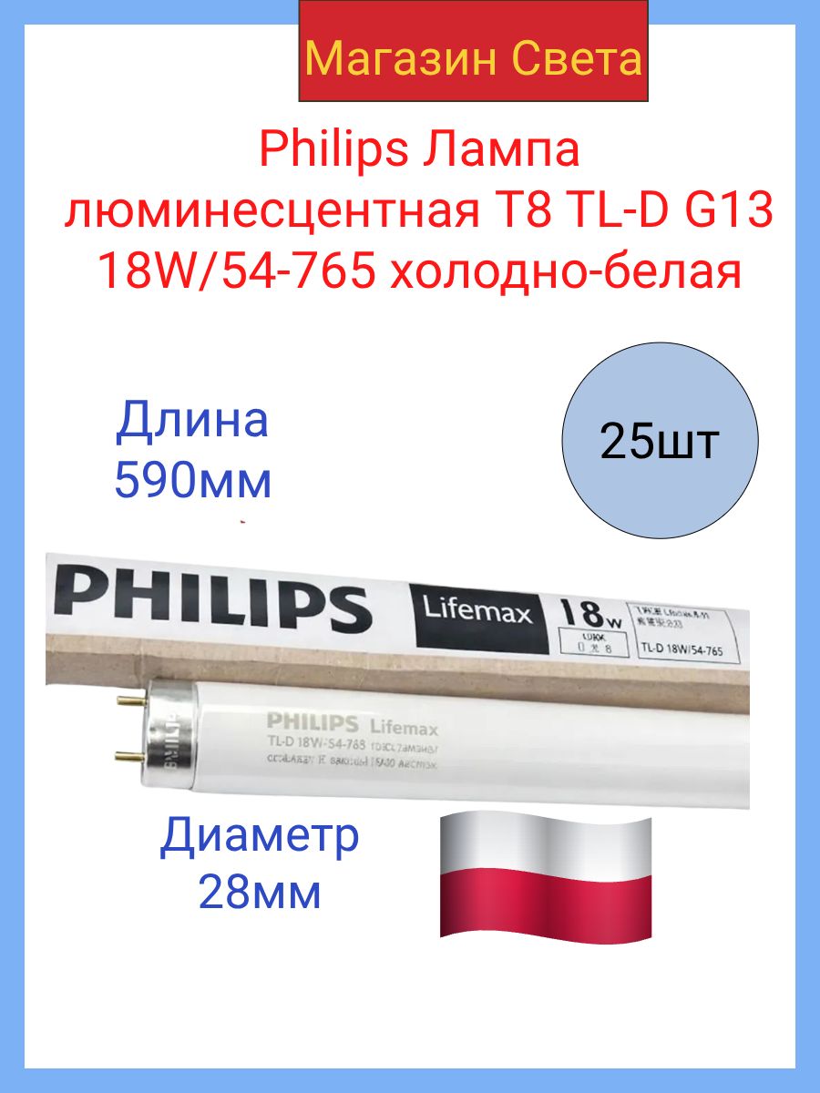 Philips Лампа люминeсцентная T8 TL-D G13 18W/54-765 холодно-белая (25 штук в комплекте)