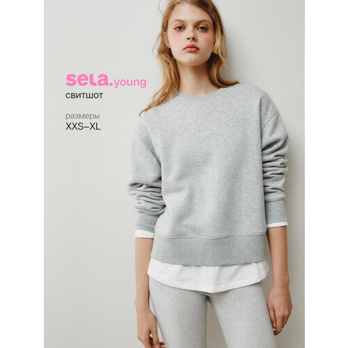 фото Свитшот sela с эффектом многослойности из линейки sela young, размер 40, , светло-серый меланж