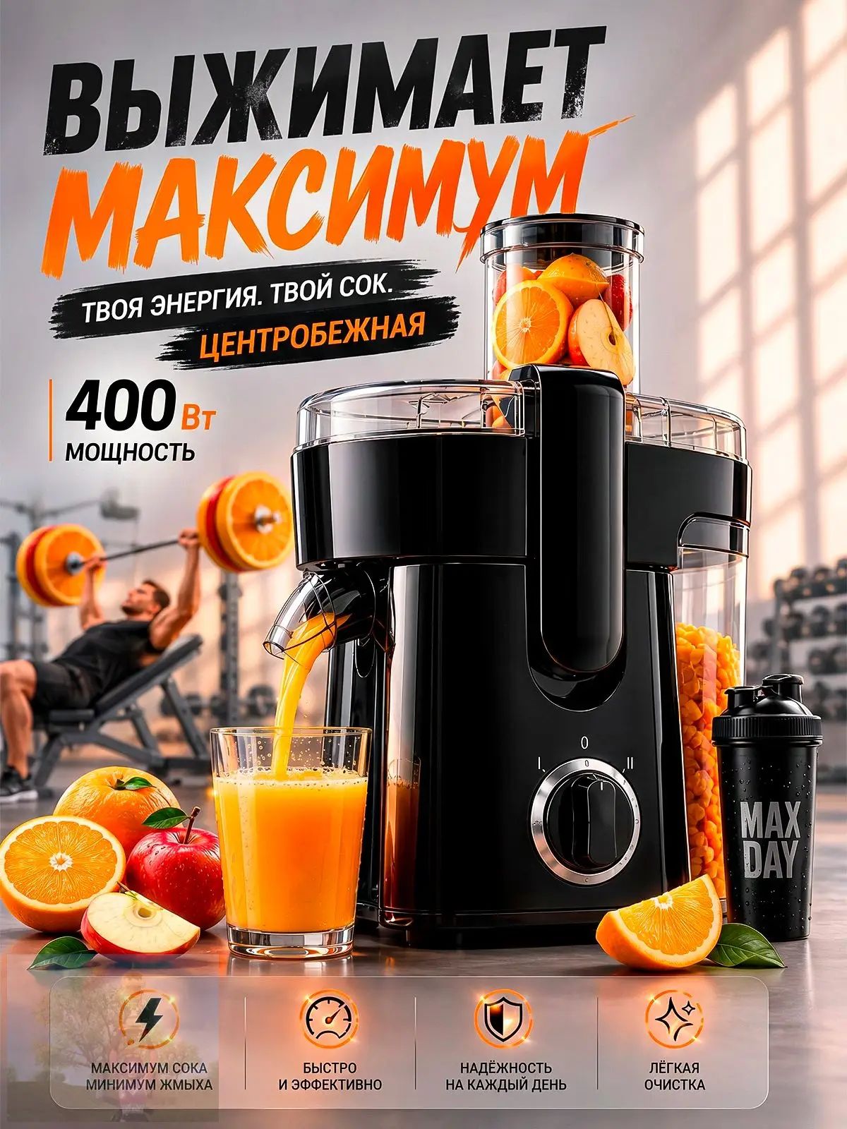 Соковыжималка электрическая центробежная Juicer0526, черный, прозрачный