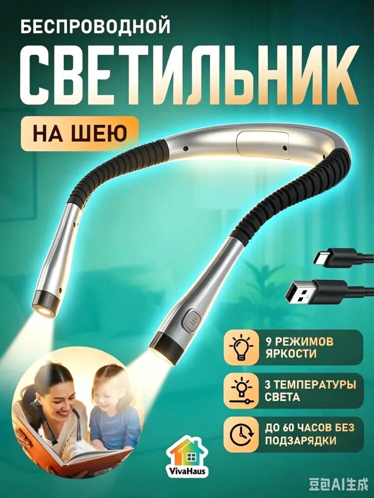 Фонарик для чтения книги , беспроводной светильник на шею для вязания, для рукоделия, гибкая лампа, светодиодная