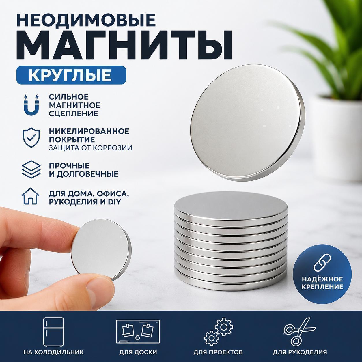 Неодимовые круглые магниты 20 шт, сильные дисковые магнитные шайбы для рукоделия, DIY, крепления, офиса, холодильника и дома