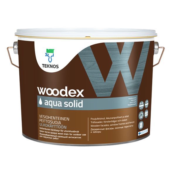 Teknos Woodex Aqua Solid/Текнос Вудекс Аква Солид, 9л, База PM1(Белая), кроющая краска для наружных работ