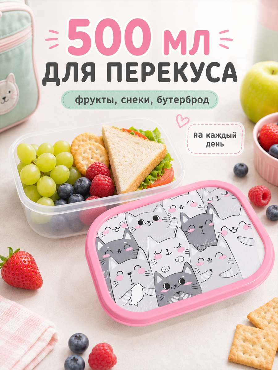 FoodVibes Ланч-бокс прямоугольный "Котики", 500 мл, состав: пластик, цвет: прозрачный, серый — фото 1