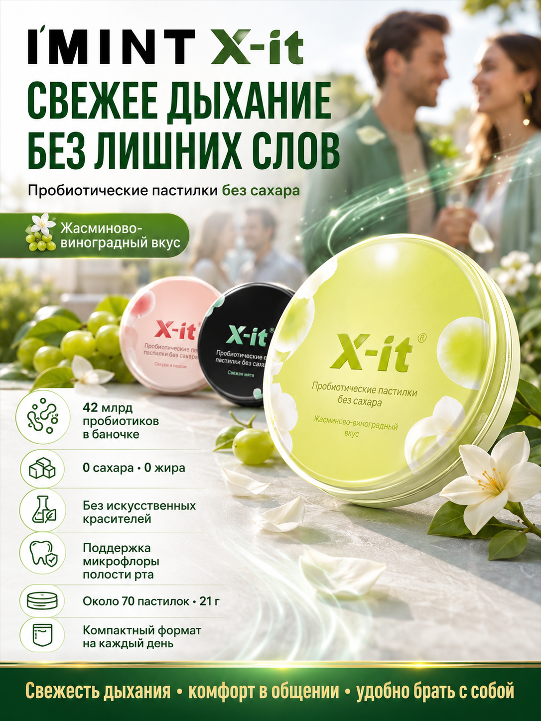 Пастилки IMINT X-it с пробиотиками без сахара для свежего дыхания, вкус жасмина и зеленого винограда, около 70 штук 21 г, Жасминовый киви,1, true, глютен, красители, антибактериальный эффект,70,1