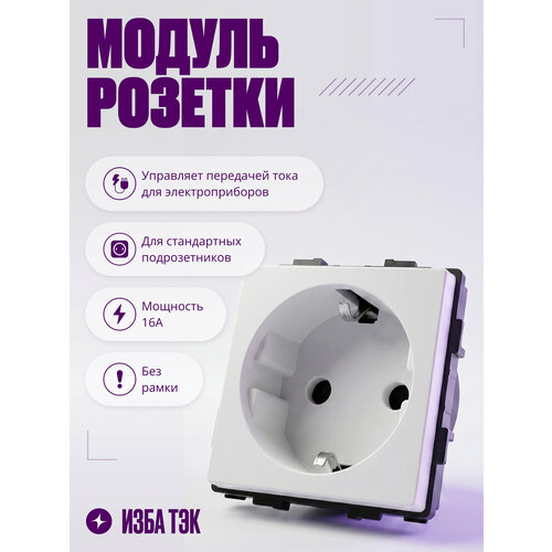 фото Модуль розетки для рамки, с заземлением, без рамки, на 16 а, белый izba tech