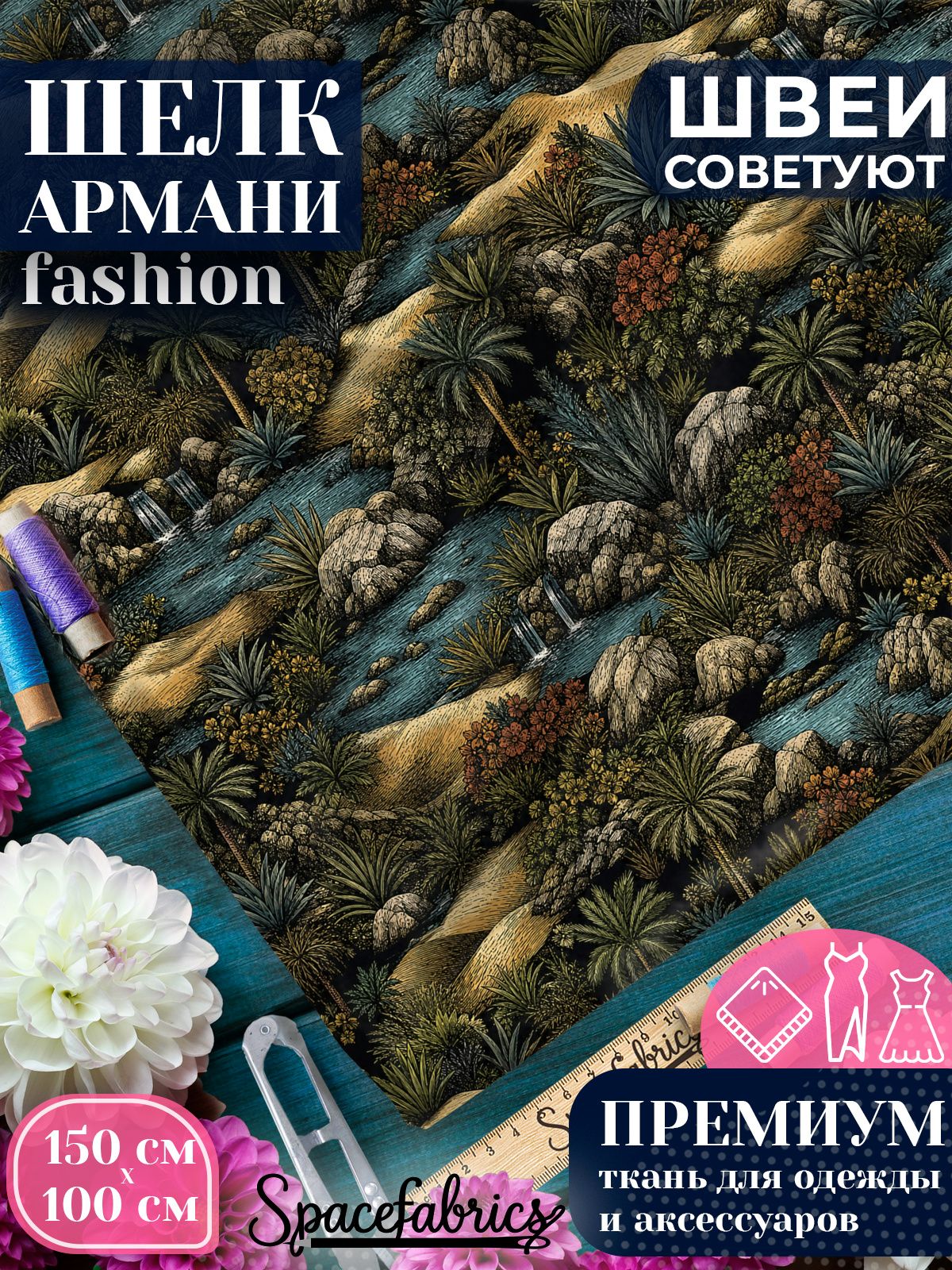 Ткань для шитья шелк Армани, искусственный атлас шелк для костюмов, платьев, юбок с принтом Пустынные оазисы