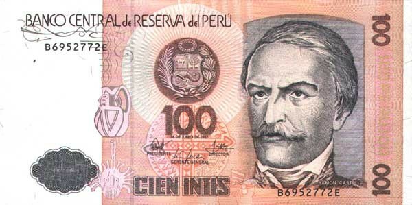 Перу 100 инти 1987 г «Рамон Кастилла» UNC