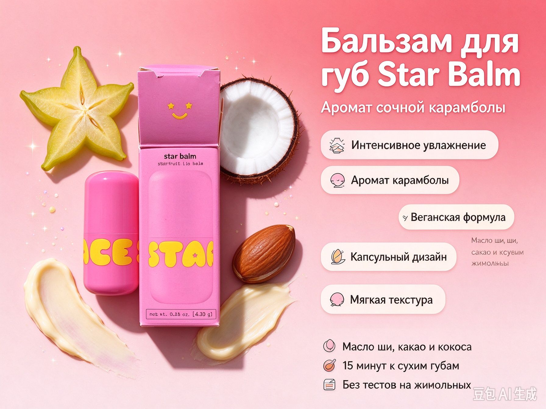 Бальзам для губ Star Balm Starfruit увлажняющий питательный, масло ши и кокоса, аромат карамболы, 4.3 г