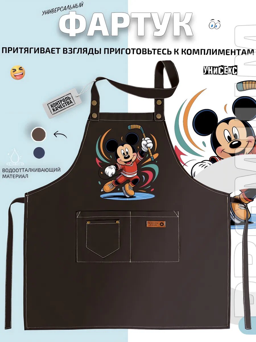 Фартук Микки Маус Mickey Mouse хоккей мультфильм спортсмен кухонный с принтом универсальный