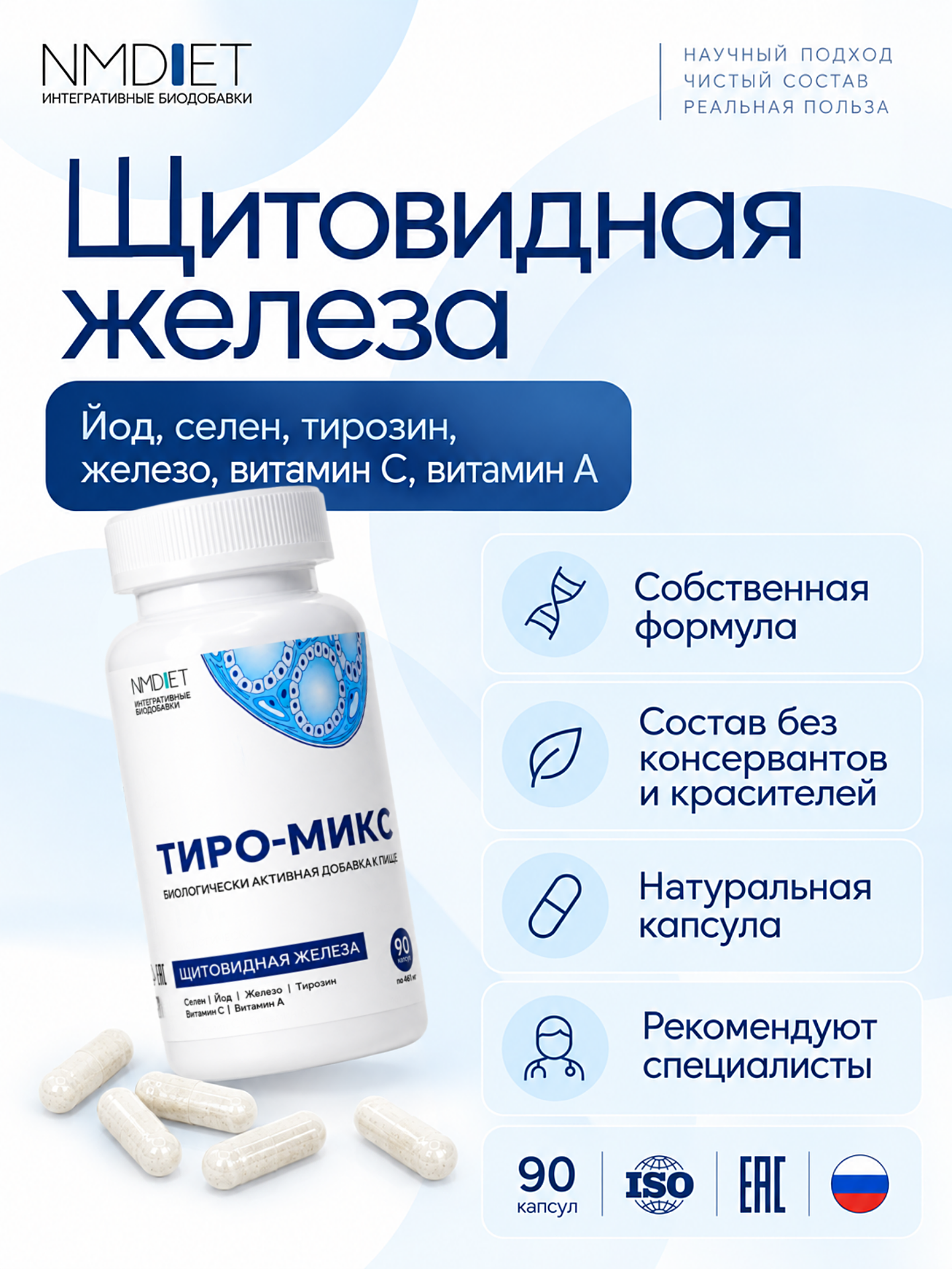 Тиро-микс 90к. БАД для щитовидной железы: йод селен тирозин железо витамины