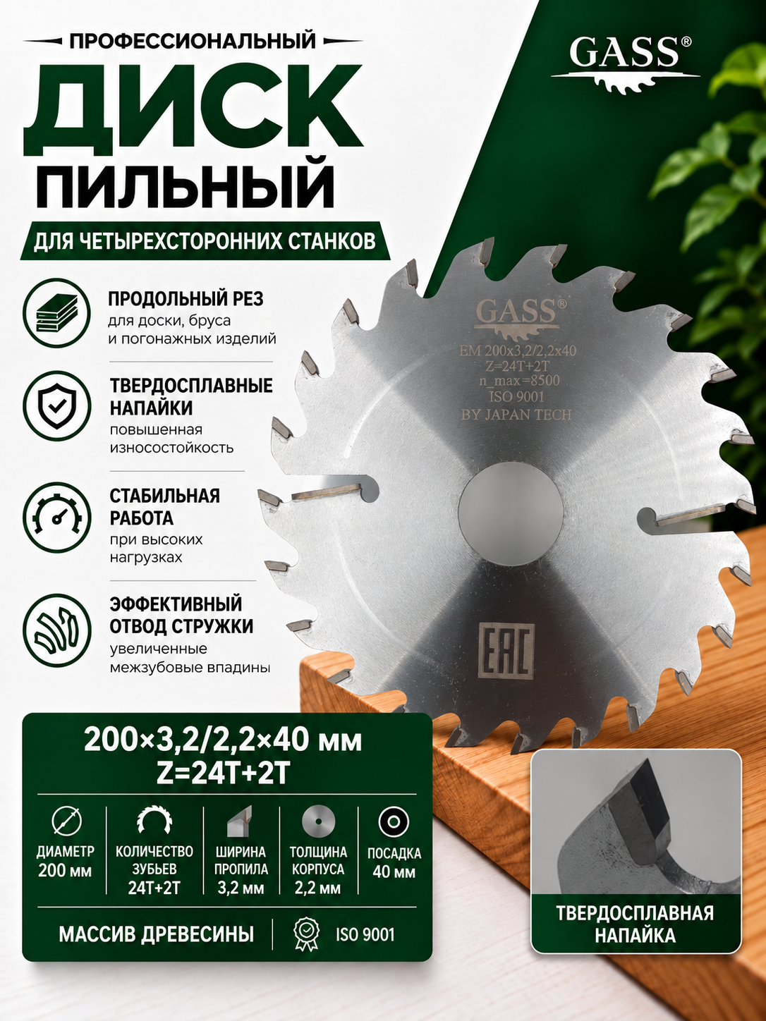 Пильный диск GASS 200x3.2.2.2x40 z 24+2 для четырехсторонних станков