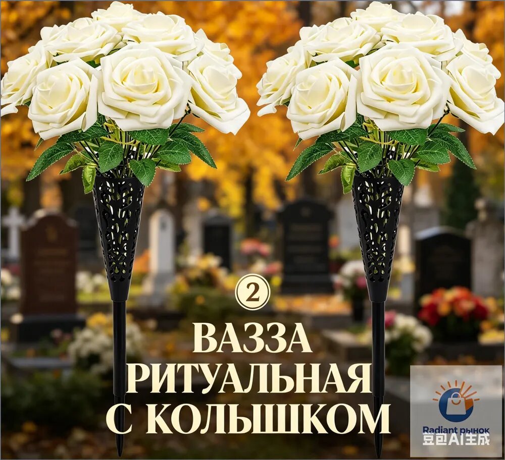 Ритуальная ваза с колышком для кладбища 2 шт, черная конусная, для цветов на могилу