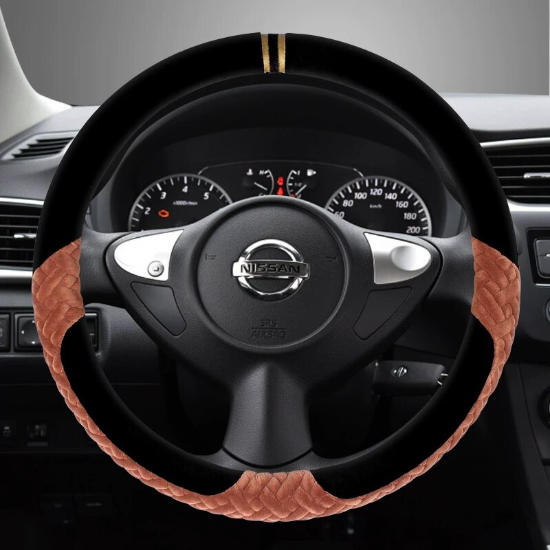 Зимний чехол для руля автомобиля Nissan Tiida, Sunny, Kicks - Коричневый круглый стиль