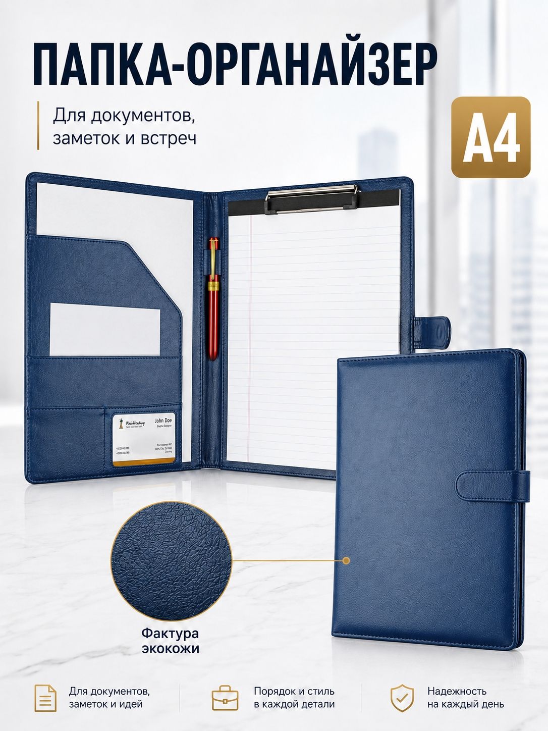 Папка-планшет A4 из синей экокожи с металлическим зажимом, карманами и блокнотом A4 в подарок
