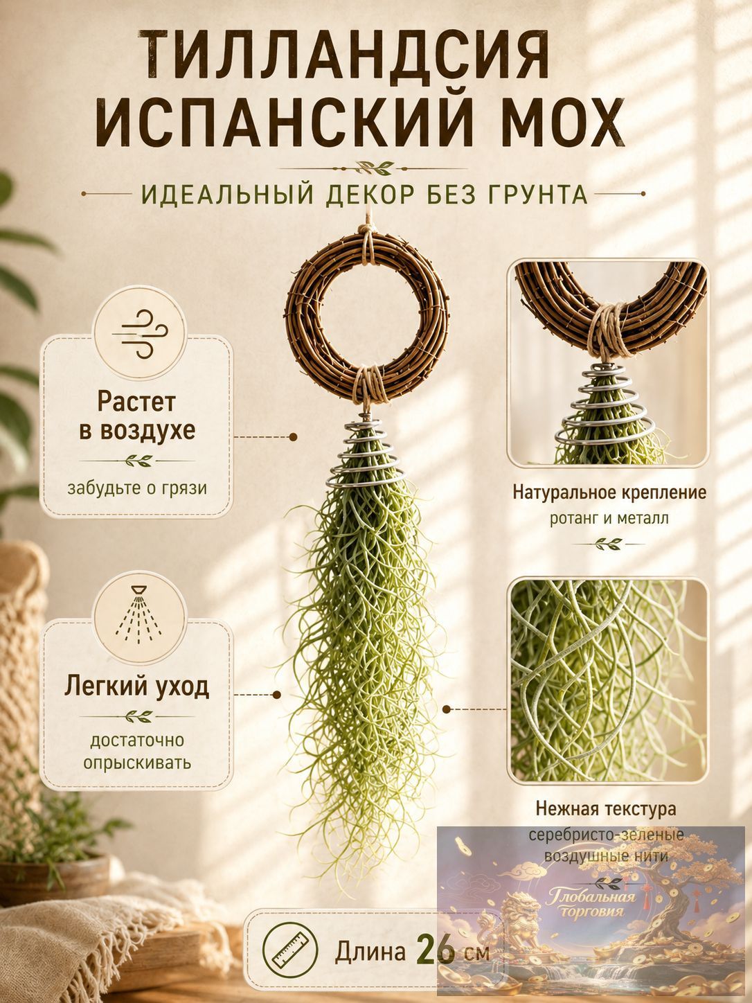 Атмосферное растение, Тилландсия уснеевидная-Испанский мох 26 см, комнатный эпифит без грунта для подвесного декора.
