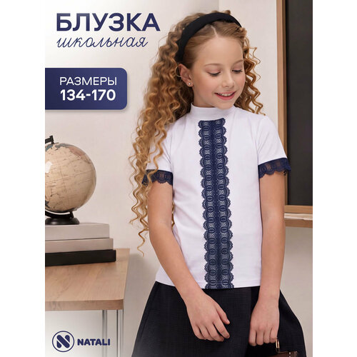 фото Школьная блуза натали суслова, размер 158, белый, синий, голубой