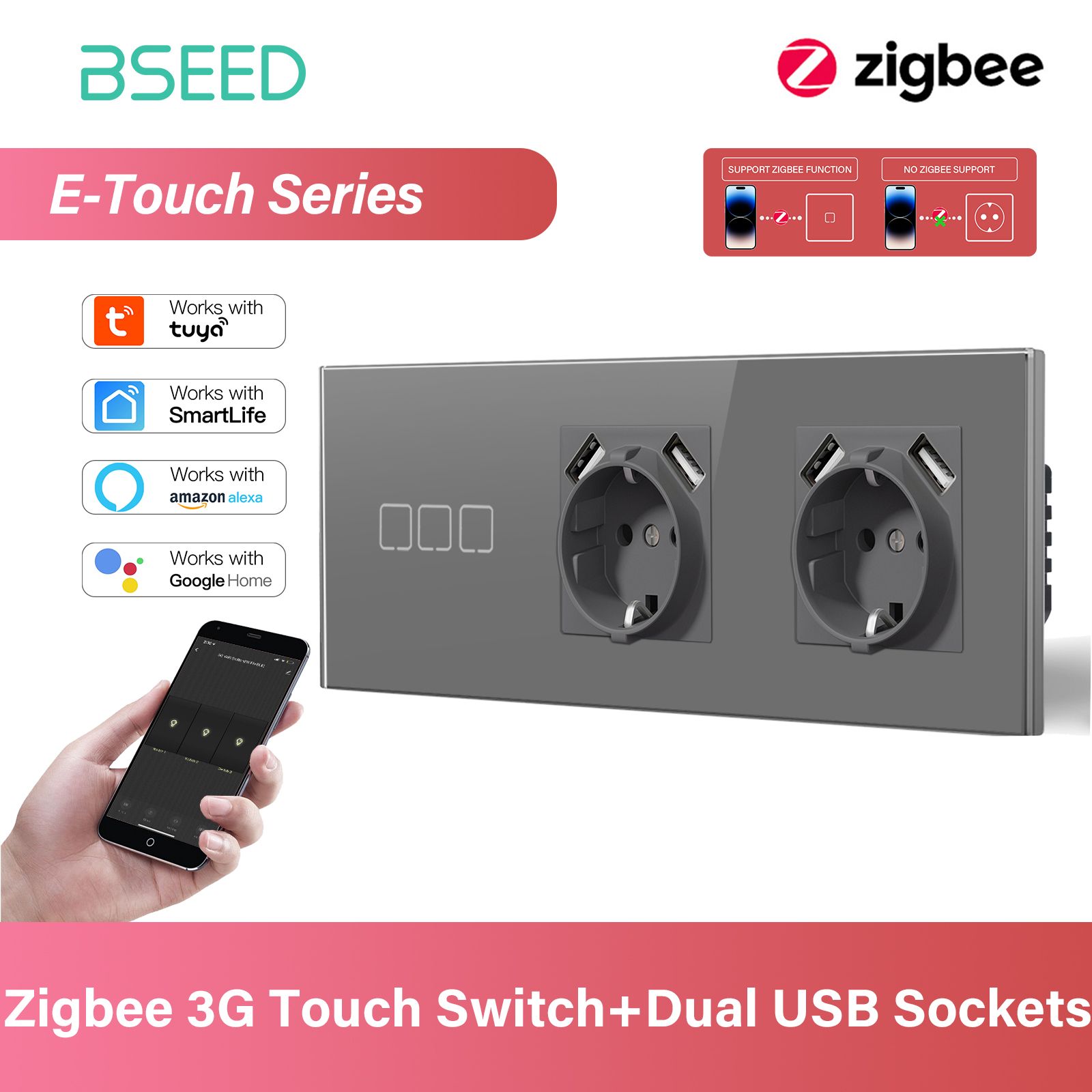 Умный сенсорный выключатель с розеткой с 2USB, 3 клавиши 2 розетка, ZIGBEE, Smart Life с Алисой