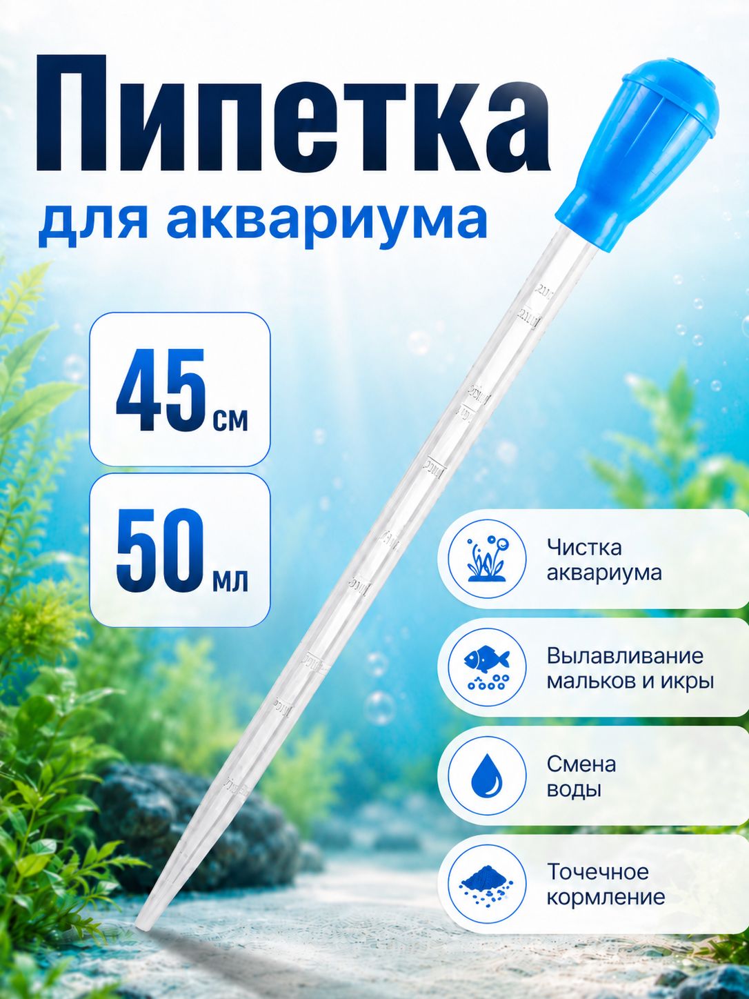 Пипетка для аквариума, 45 см, 50 мл, голубая / Для чистки аквариума и кормления