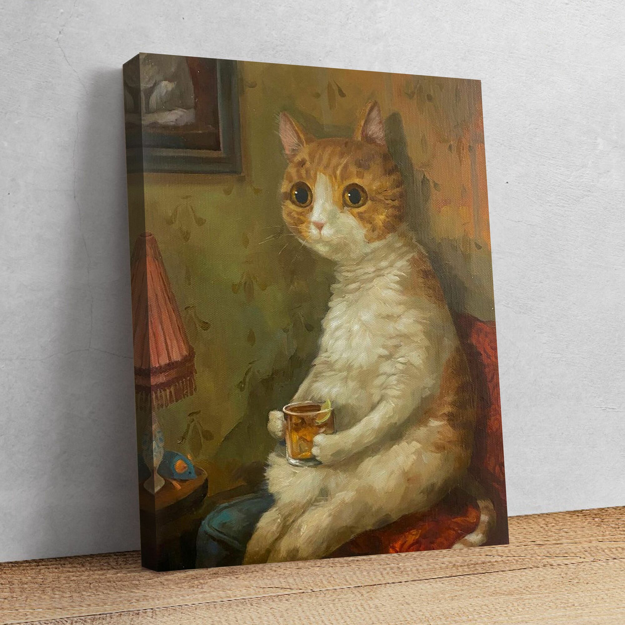 Картина "для интерьера смешной котик с бокальчиком чая. Элисон Френд" 30x40 см