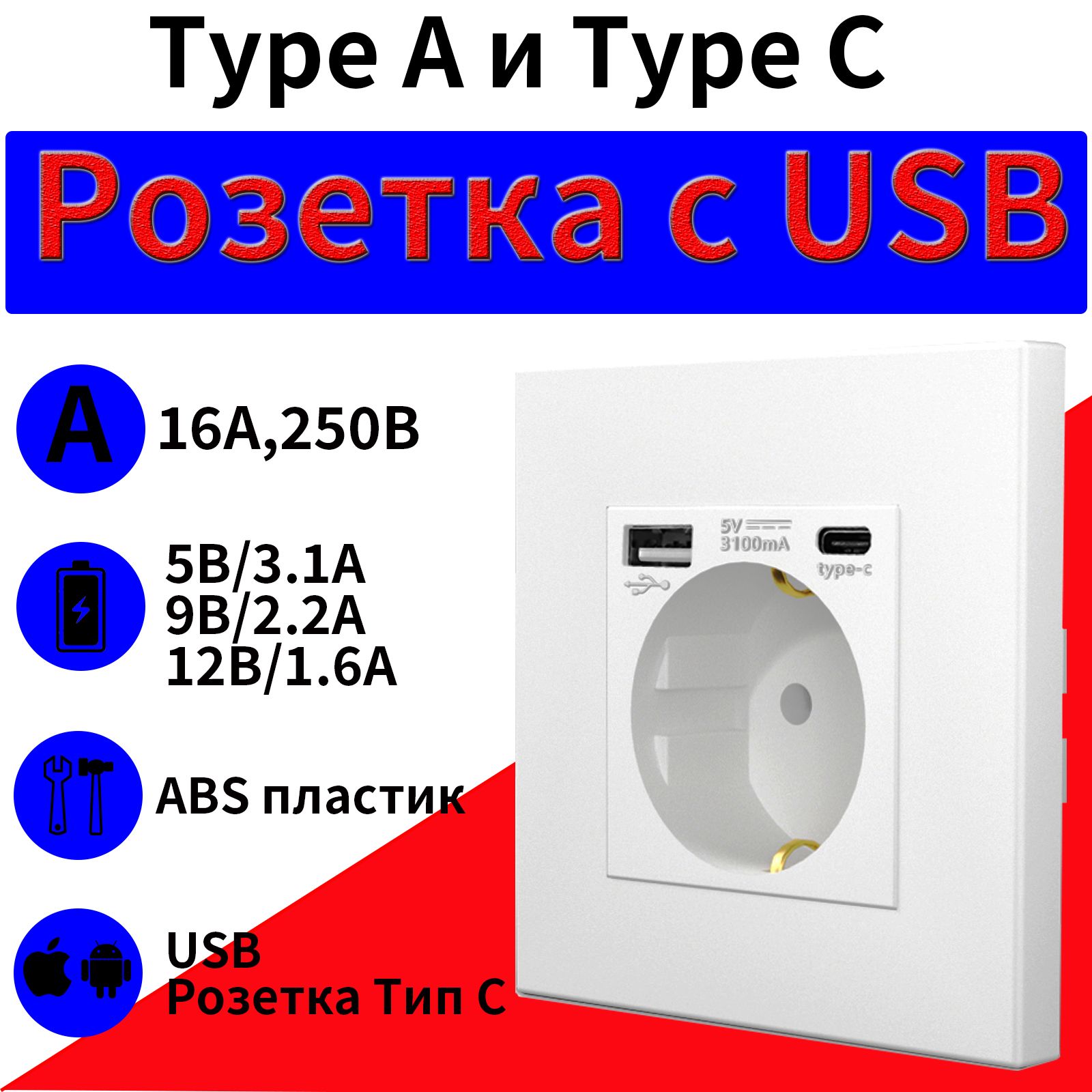 Pозетка с USB (Type A и Type C) Встраиваемая,220В с заземлением и защитой от короткого замыкания, со шторками, белый
