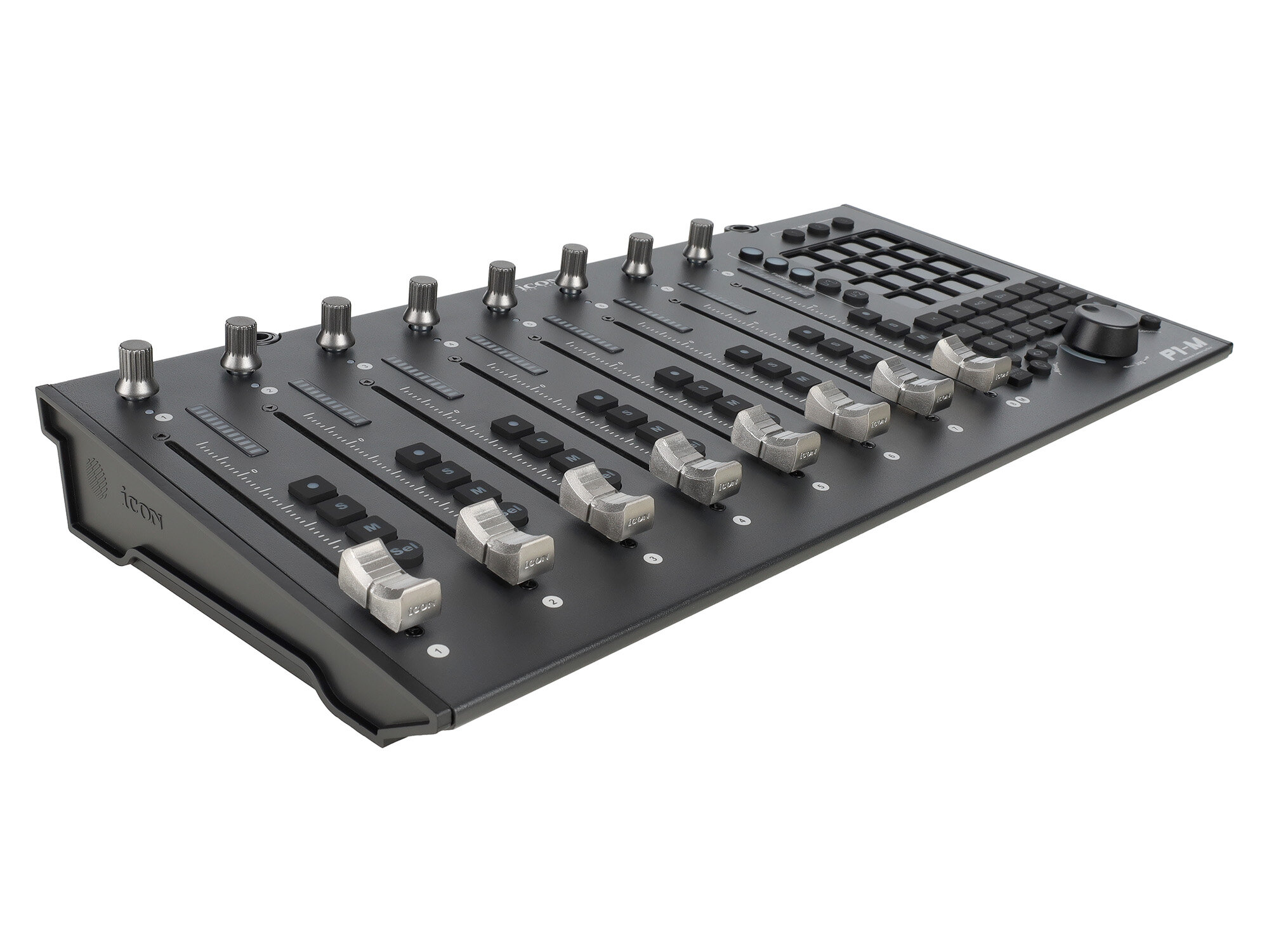 MIDI контроллер [110205A2022] Icon [P1-M] DAW контроллер, ARM процессор Cortex-M7 500 МГц, 8 моторизованных фейдеров, программируемый 4" цифровой сенсорный дисплей, 8 12-сегментных LED индикаторов каналов, Jog Wheel, Mackie Control, HUI, USB-C