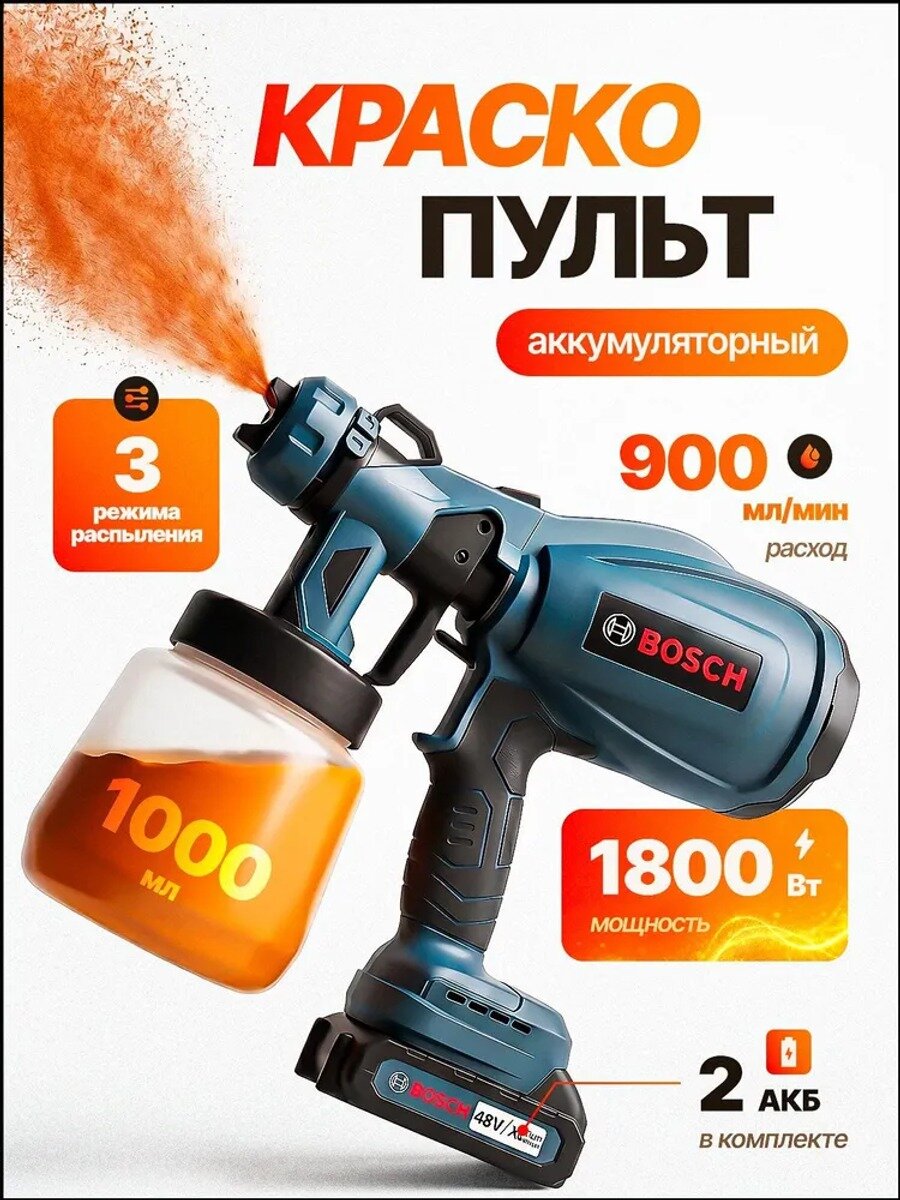 Аккумуляторный краскопульт 1000 мл, 900 л/мин, сопло 2.5 мм, синий