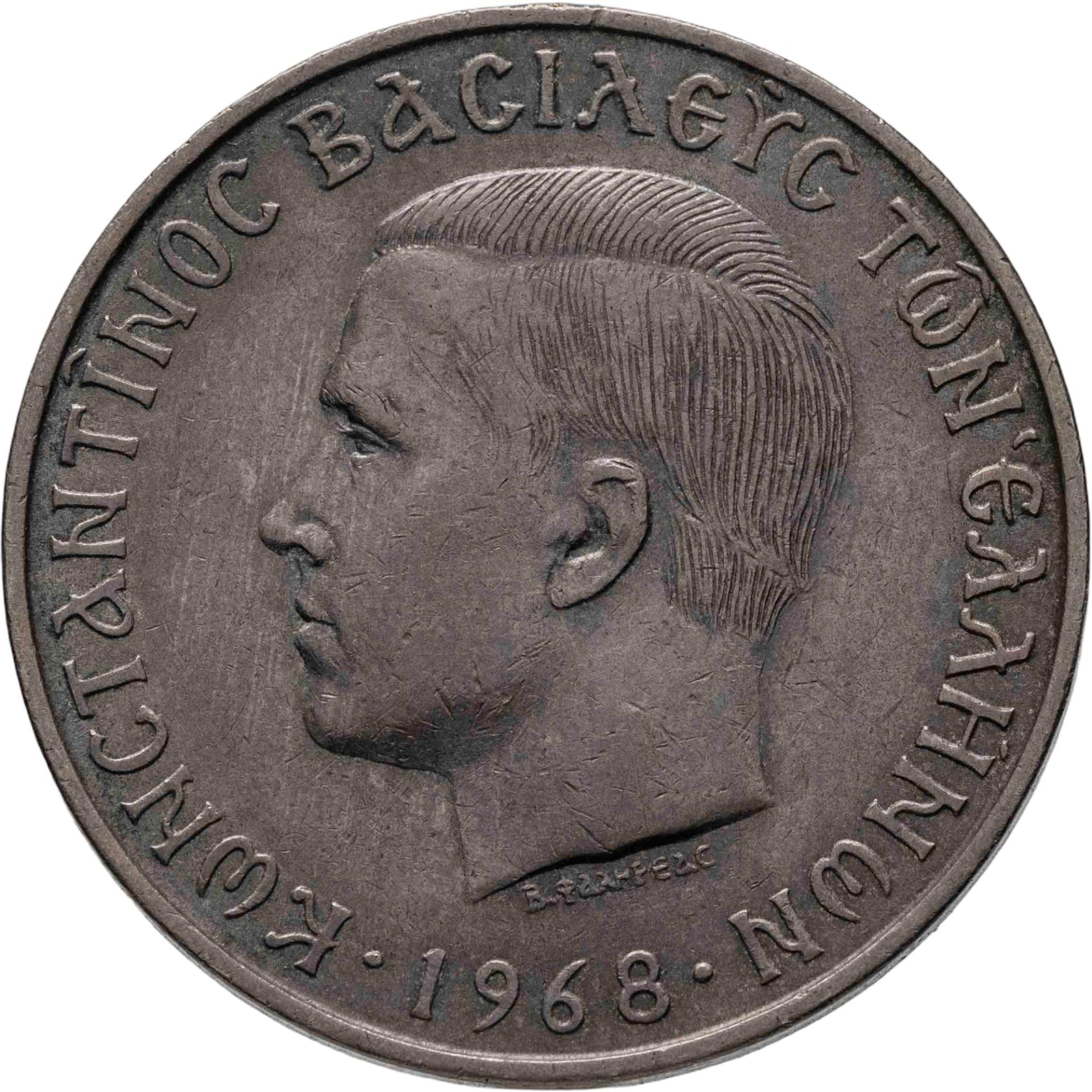 Греция 10 драхм drachmai 1968, Мельхиор медь-никель, в сохранности XF