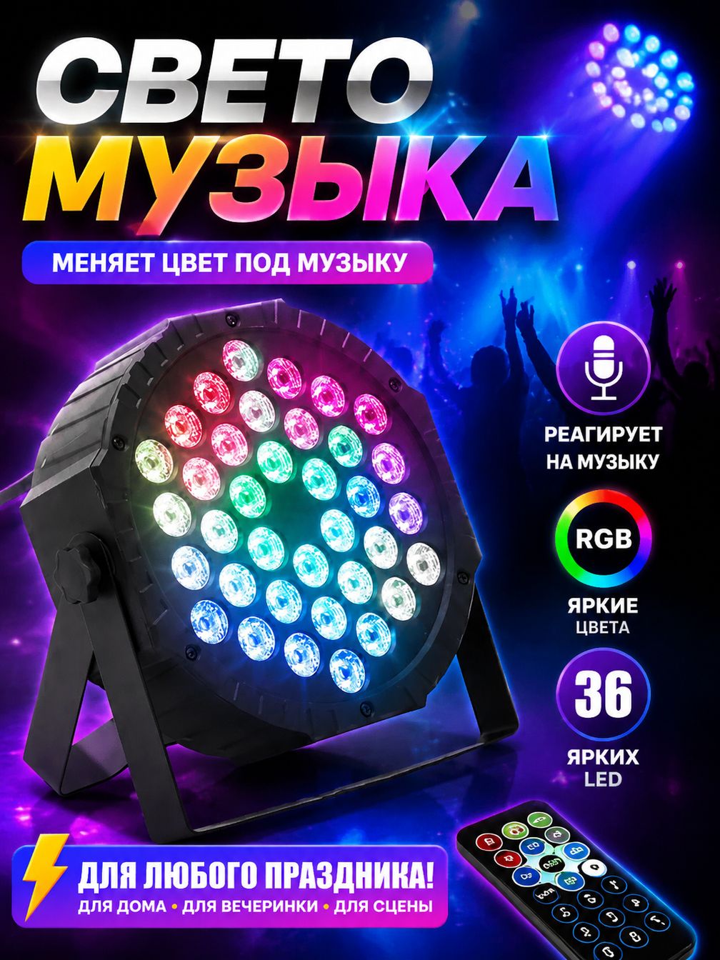 Светомузыка для дома и клуба, Прожектор светодиодный LED PAR 36 RGB, стробоскоп с пультом и DMX, свет для дискотеки