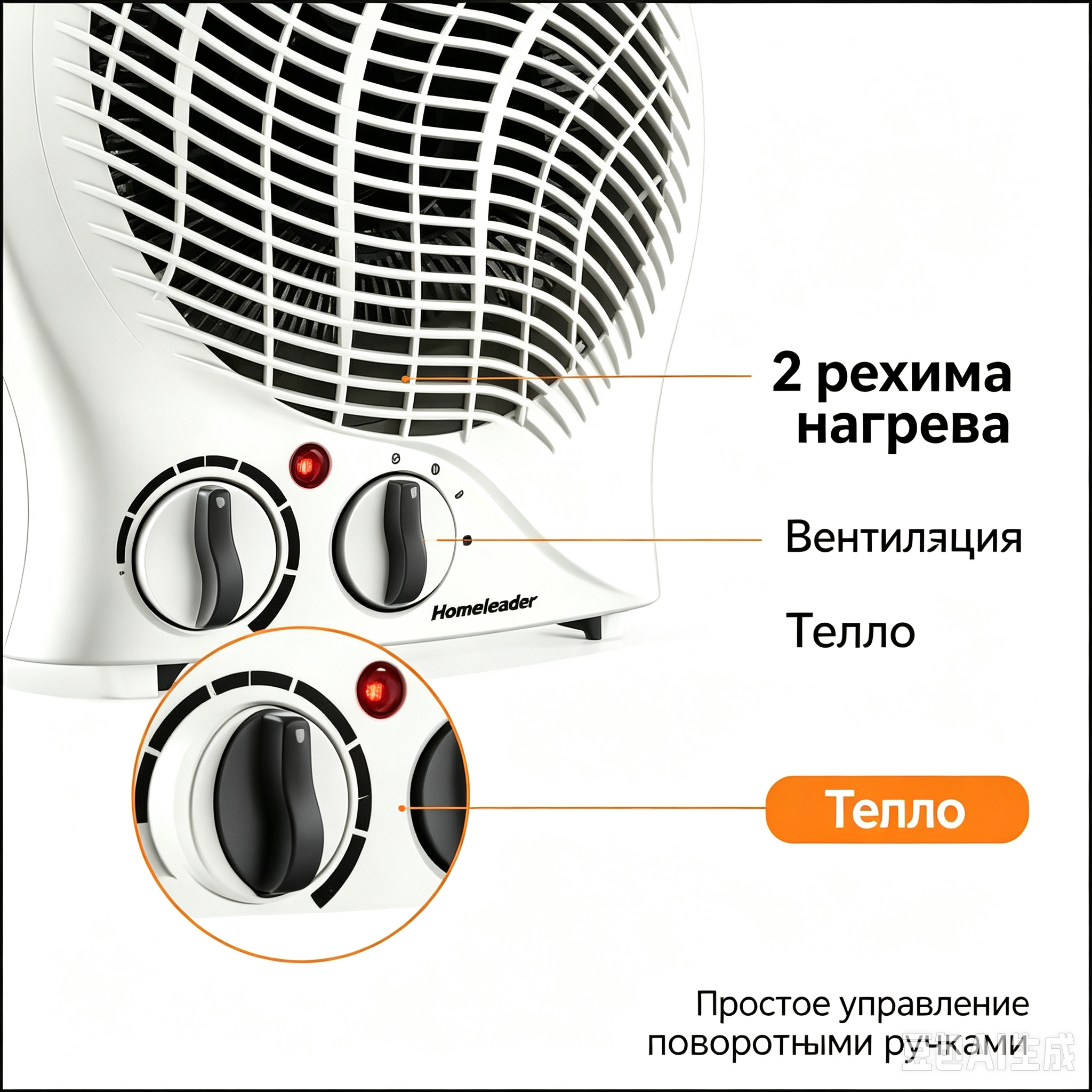 Электрический тепловентилятор Homeleader, портативный обогреватель с термостатом, быстрый нагрев для дома, офиса, дачи — фото 1