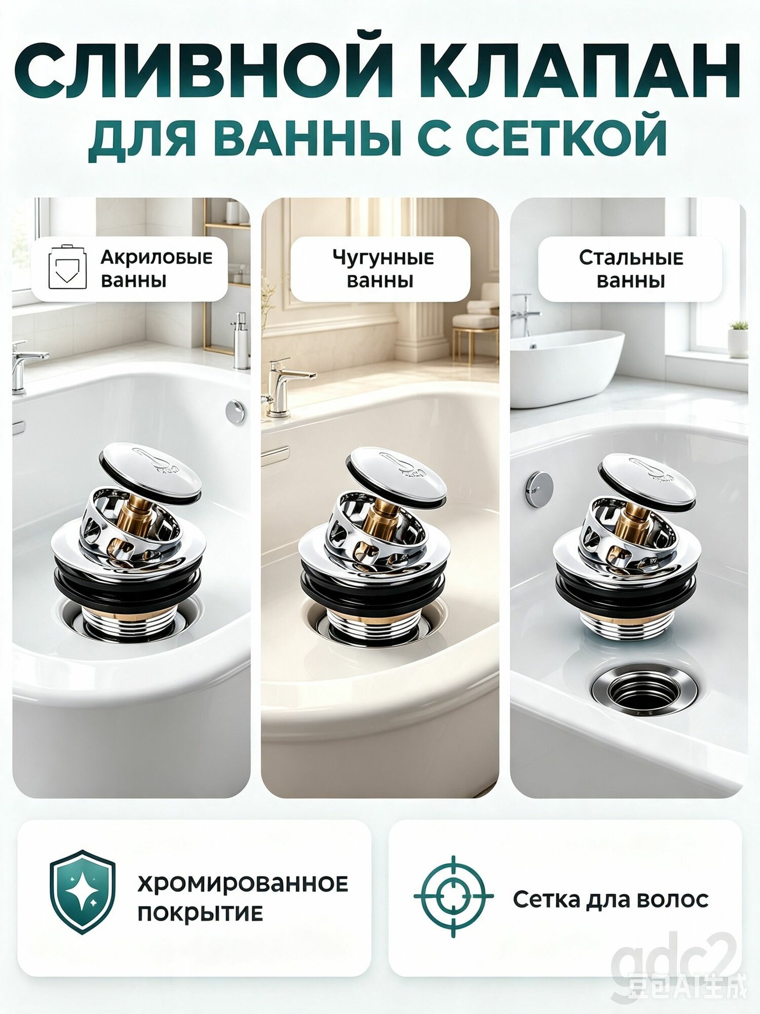 Донный клапан клик клак с улавливателем волос, пробка для ванны клик-клак с сеткой, сливной клапан для ванны от засоров хромированный.