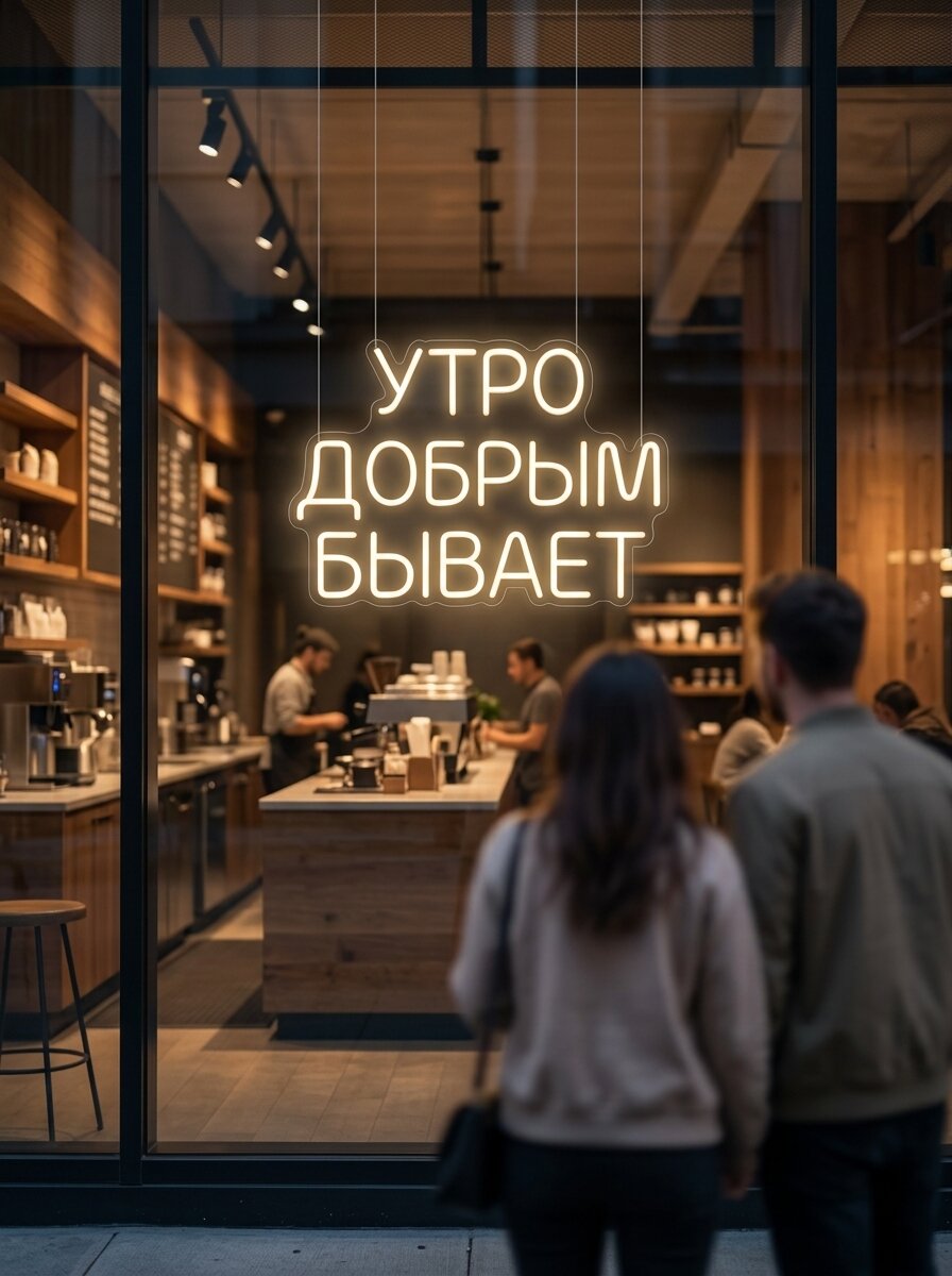 Неоновая вывеска "Утро добрым бывает" 65х45см, неоновая надпись, LED светильник для кофейни