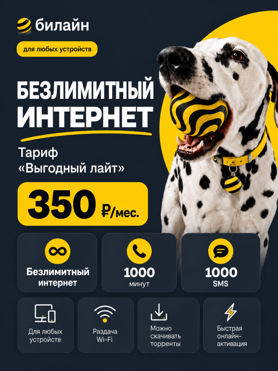Сим карта Билайн «Эксклюзивный» — безлимитный интернет | 1000 мин | 1000 смс, для всех устройств, по всей России