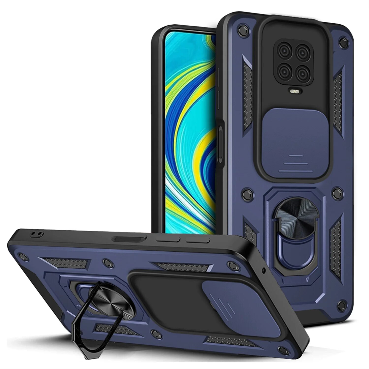 Синий противоударный чехол на Xiaomi Redmi Note 9 Pro с кольцом
