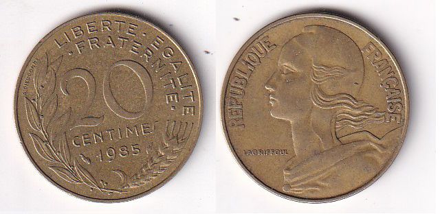 Франция 20 сантимов 1985 год