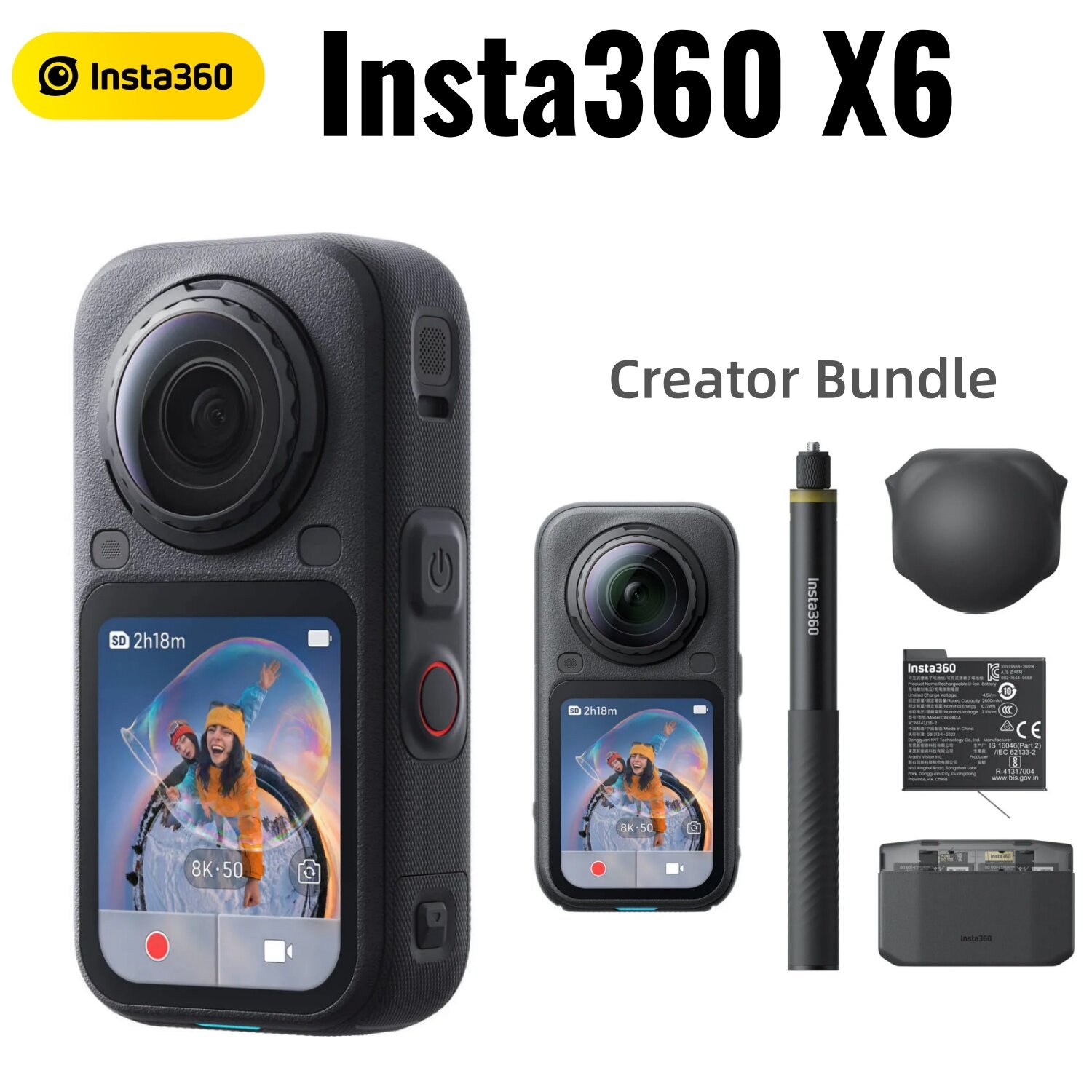 Панорамная камера Insta360 X6 Creator Bundle, 8K видео, стабилизация FlowState, водонепроницаемая, черный