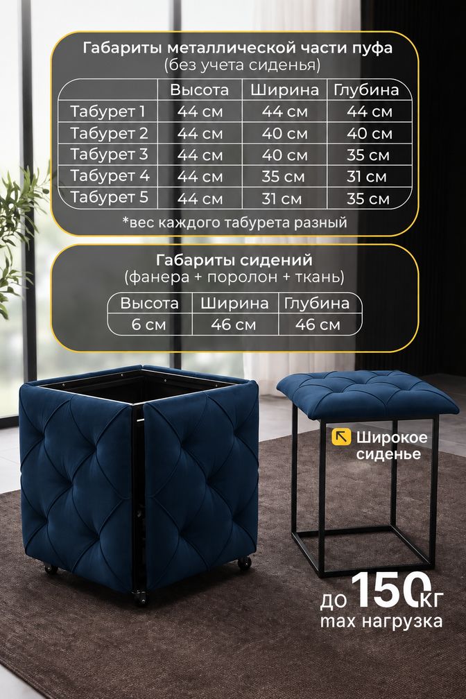 Пуф трансформер 5 в 1 55х55 см, набор табуретов, на колесиках, велюр — фото 1