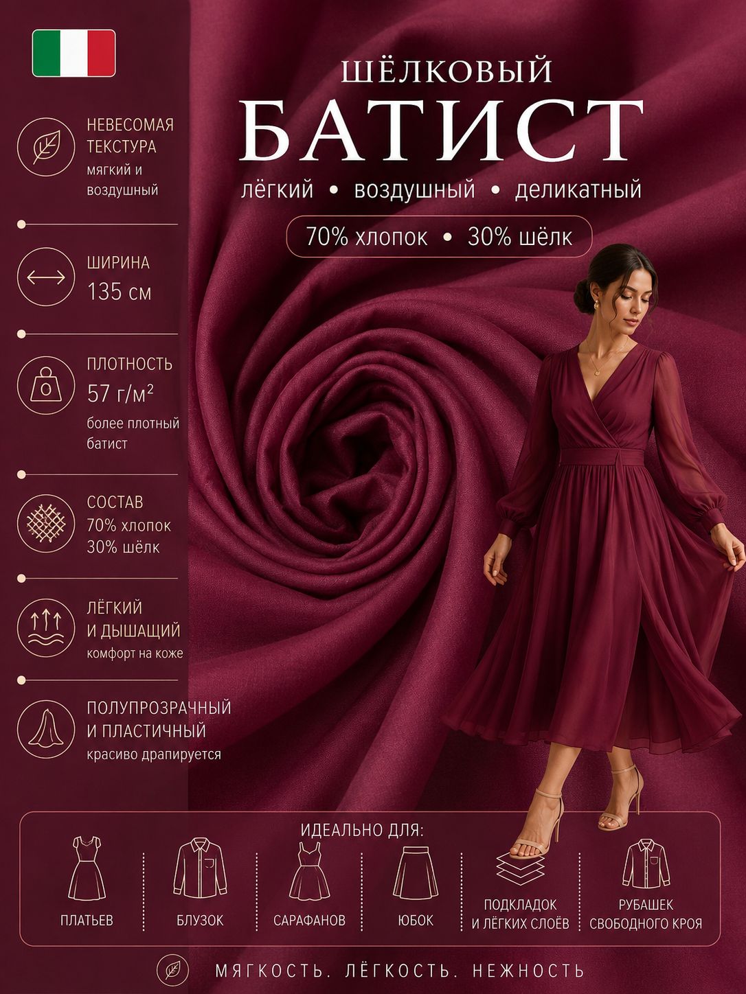 Ткань батист шелковый итальянский (х/б 70, шёлк 30), ширина 135 см. Отрез 1.5 метра. Цвет винный. Ткань Италия.