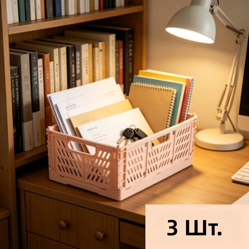 Набор из 3 шт. складных штабелируемых органайзеров-корзин для стола, светло-розовый, для хранения косметики и канцелярии, маленькая вентилируемая полая полочная корзина