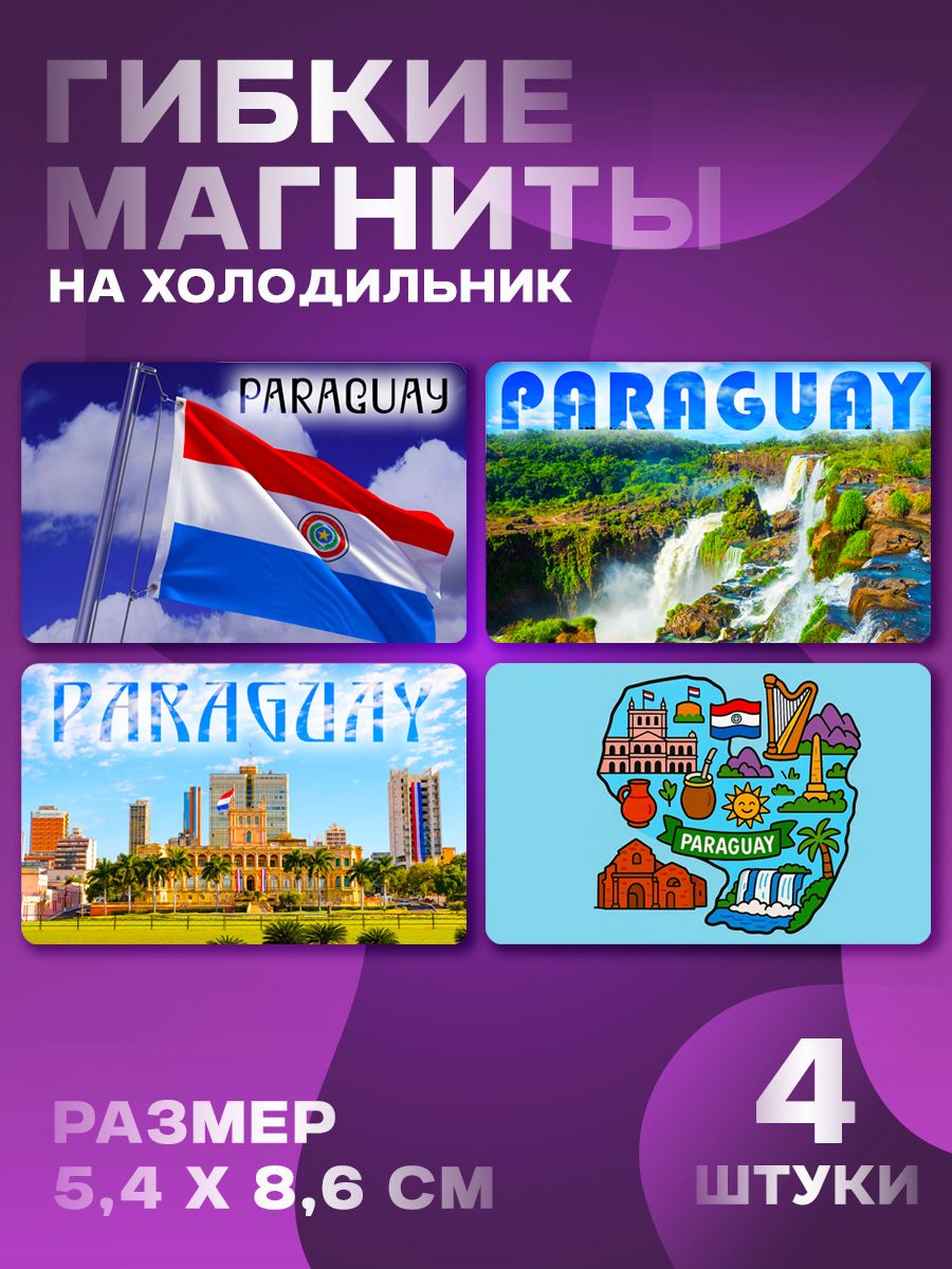 Магниты Парагвай 4 шт, размером 5,4х8,6 см.