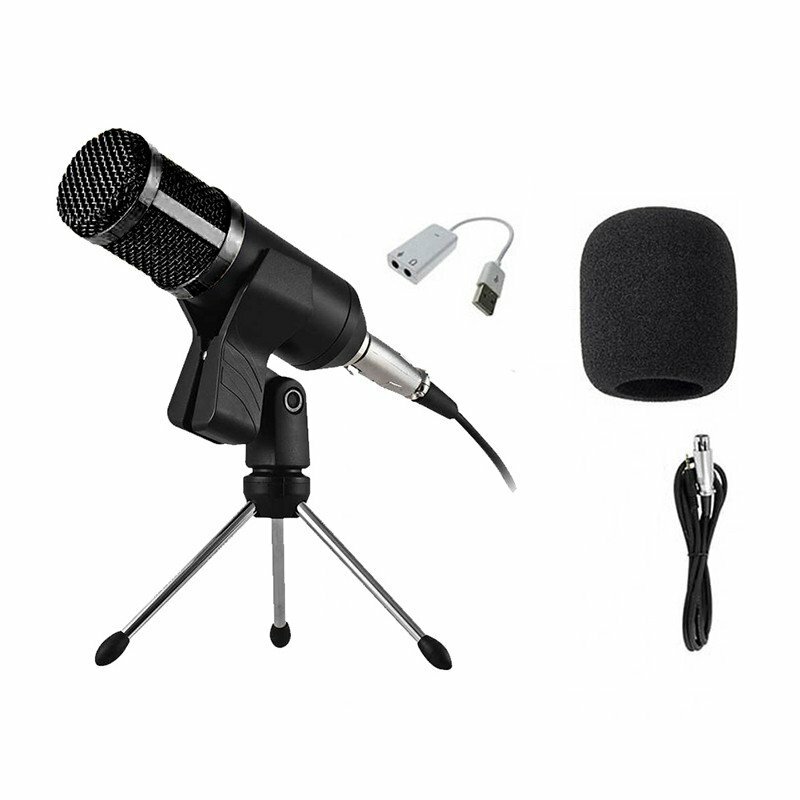 Конденсаторный микрофон BM800 с кабелем XLR - Jack 3.5, звуковым адаптером, ветрозащитой на настольной треноге с прищепкой, черный