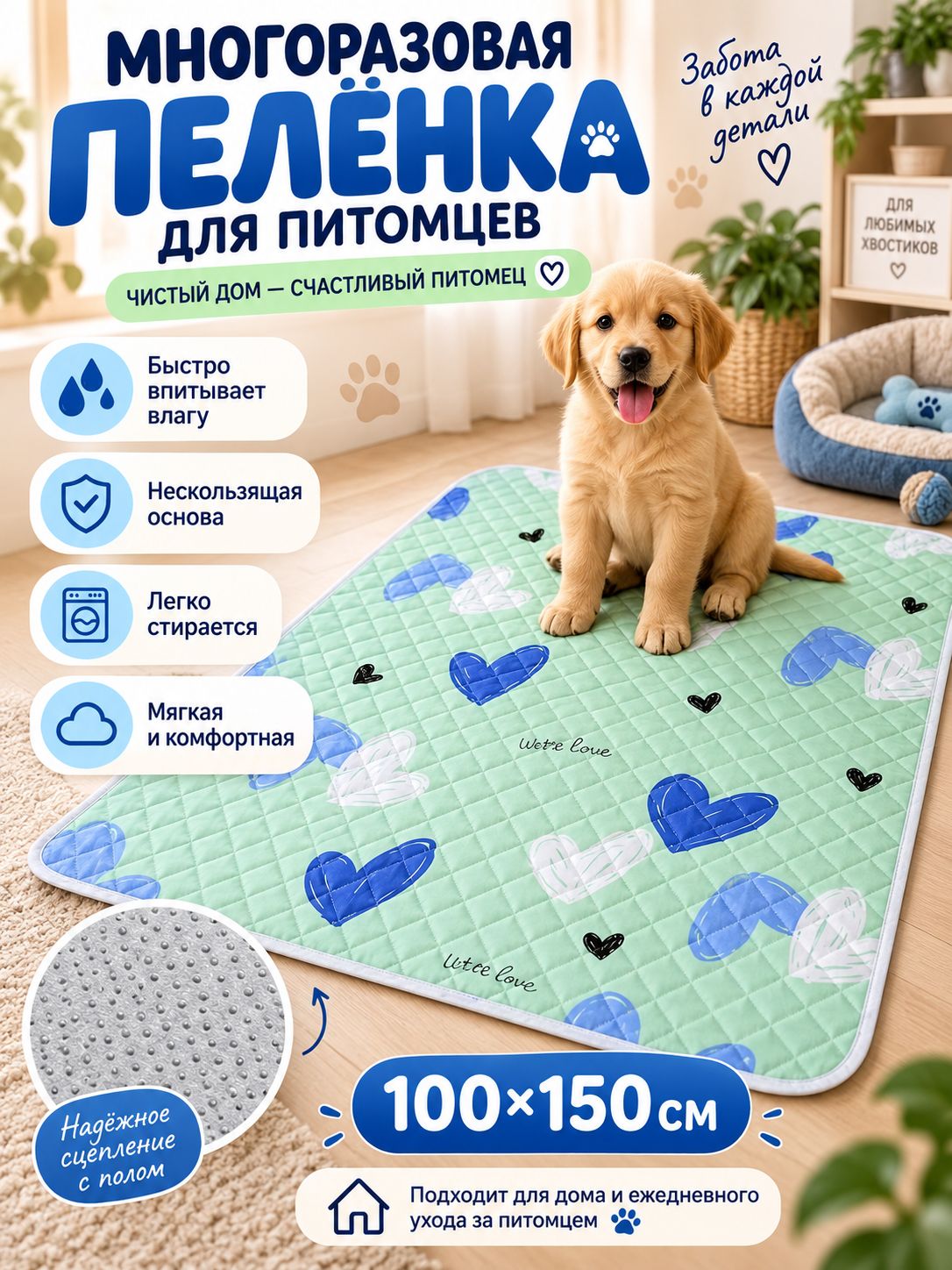 Пеленки многоразовые 80*120 см для собак 1шт.
