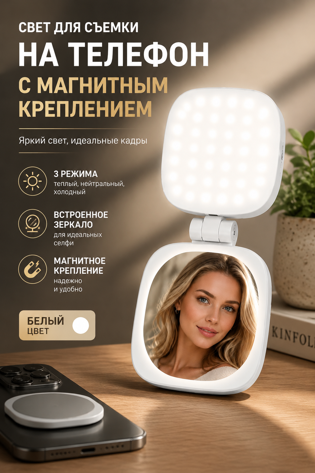 Свет для съемки на телефон с магнитным креплением, 3 режима, встроенное зеркало, белый
